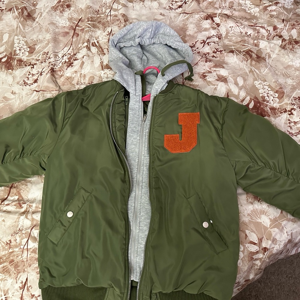 Forever 21 Kids Olive Jacket with Gray Hood